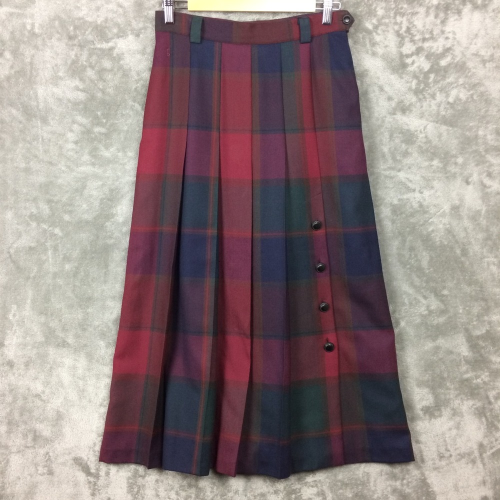 Vtg Gardeur Wool Skirt Womens Small Twill Tartan Plaid Pleated Maroon Buttons